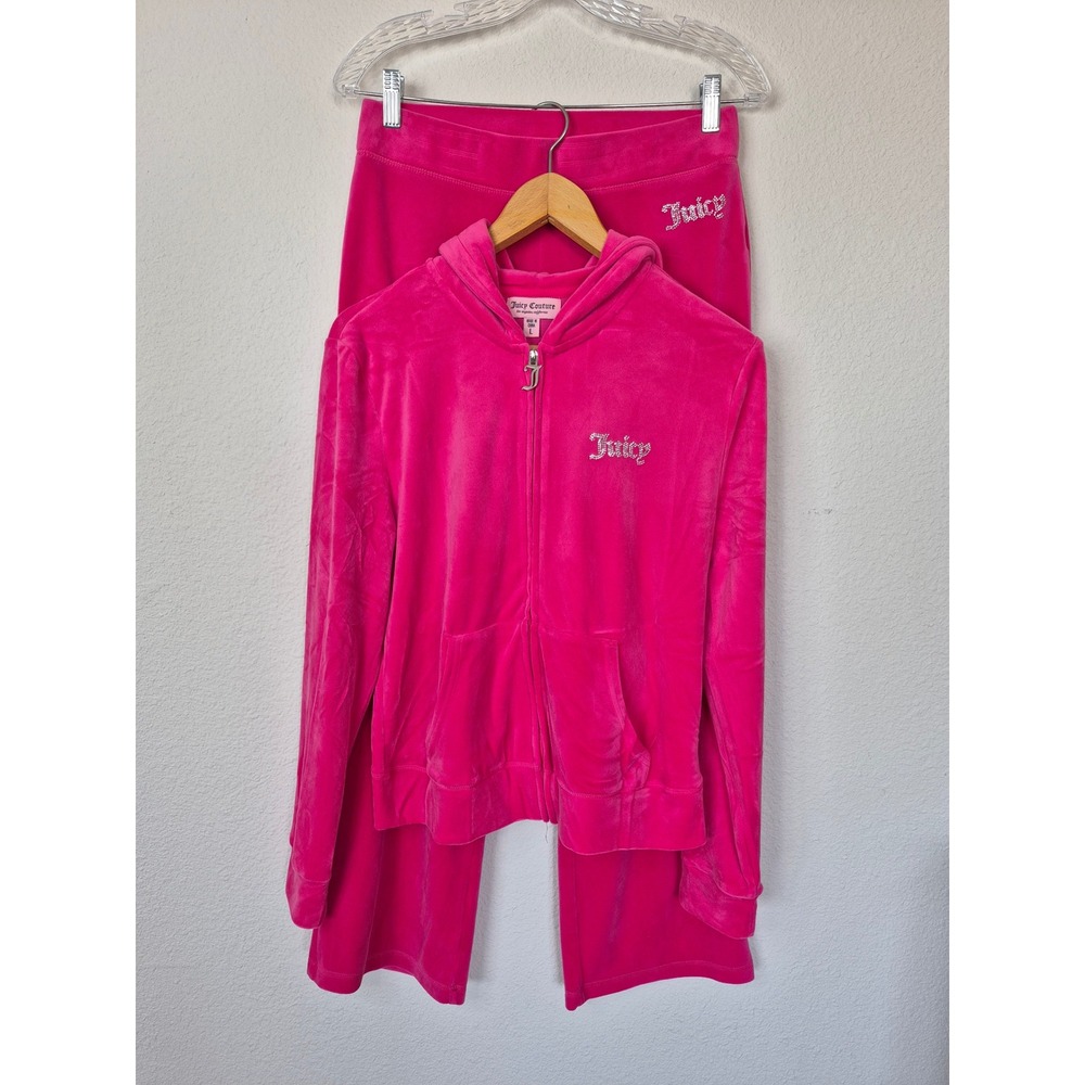 Juicy Couture Hot Pink Velour Tracksuit Hoodie Pants Rhinestone Logo Size M/L